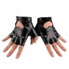 1Pair Women Punk Short Synthetic Leather Gloves Half Finger Fingerless Gloves Fashion Lady Handsome Black Gloves - Black