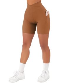 Women's Cross Sports Tight Short Belt Pockets (Option: Coffee Brown-L)